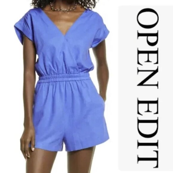 🔥Open Edit V Neck Linen Blend Blue Amparo Romper - Picture 1 of 8